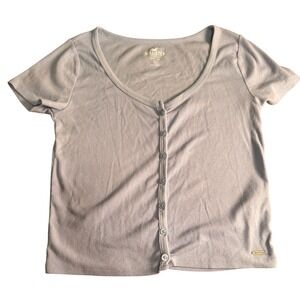 Hollister Baby Tee Ribbed Knit‎ Button Front Top Light Blue Short Sleeve Medium
